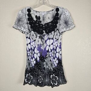 Y2K Whimsigoth Floral Pleated Top Size S Black Purple Crochet Bib Boho Fairy